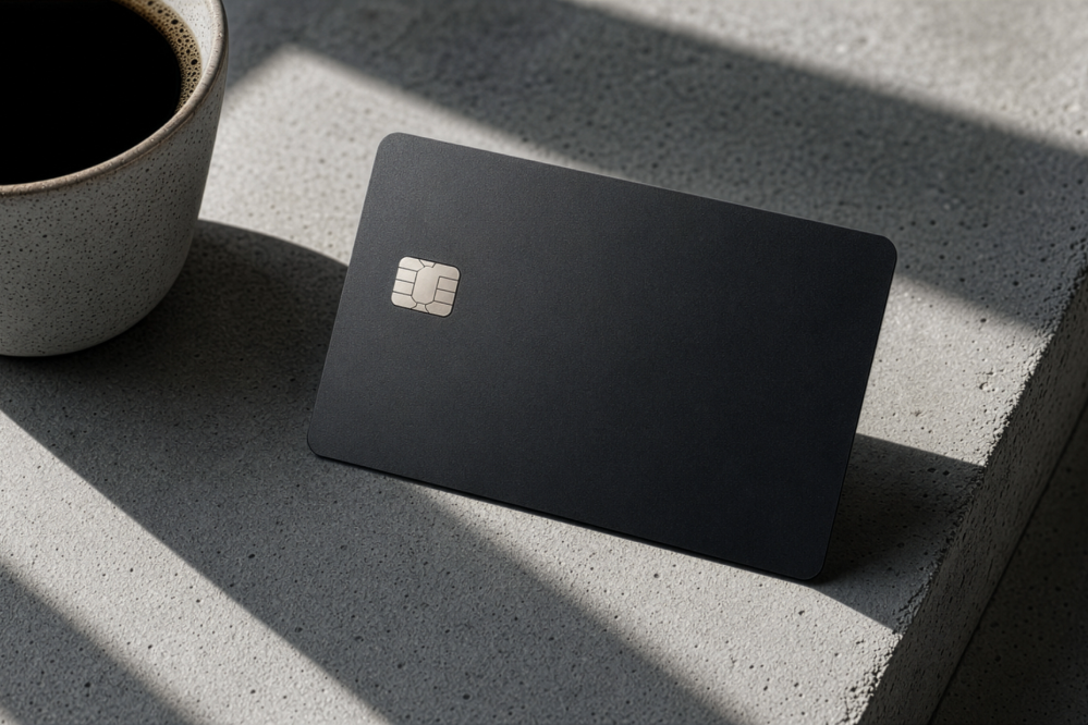 Close up of PCard sitting on desk beside cup of coffee